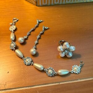 CZ PEARL COSTUME JEWELRY SET-Size 7 Ring, Dangle Earrings & Bracelet Combo